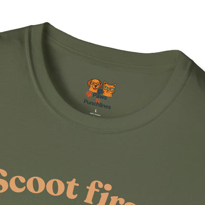 Scoot First Pug T-Shirt — "Scoot first. Questions later." Cute Scooter Dog Tee