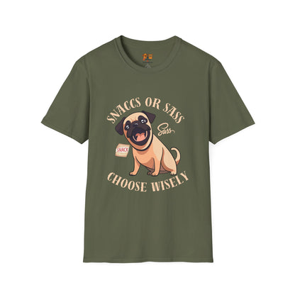 Snaccs Or Sass Pug  T-Shirt