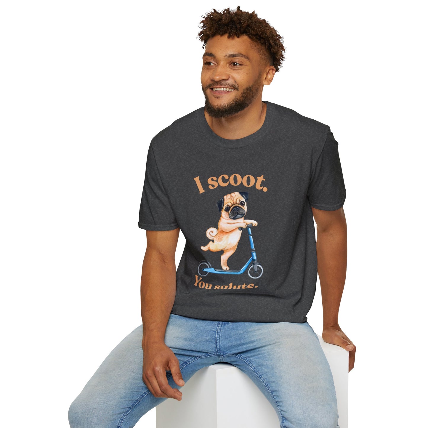 Pug on Scooter T-Shirt – "I scoot. You salute." Cute Pug Graphic Tee