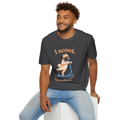 Pug on Scooter T-Shirt – "I scoot. You salute." Cute Pug Graphic Tee