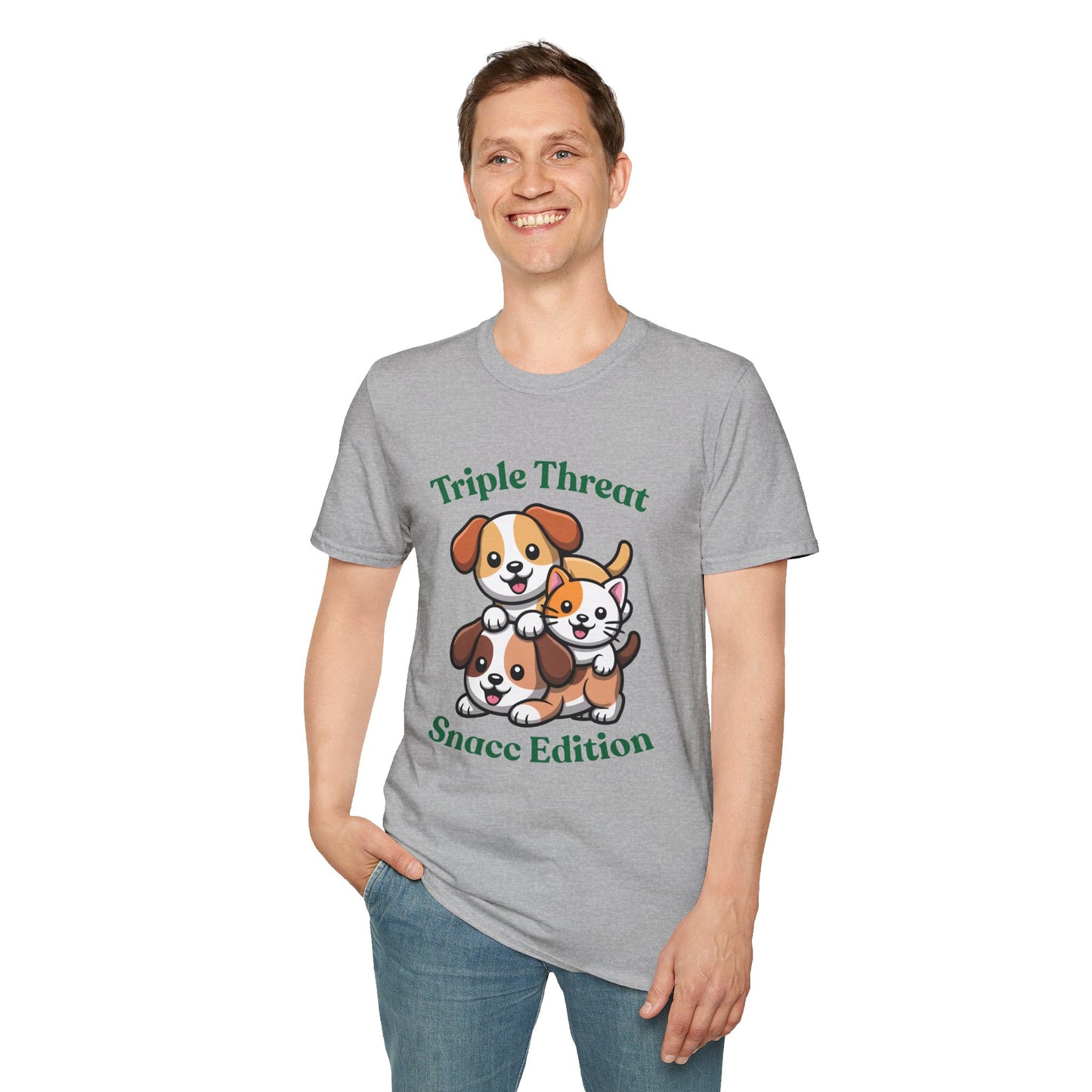 Triple Threat Snacc Edition T-Shirt – Cute Puppy & Kitten Stack Graphic Shirt