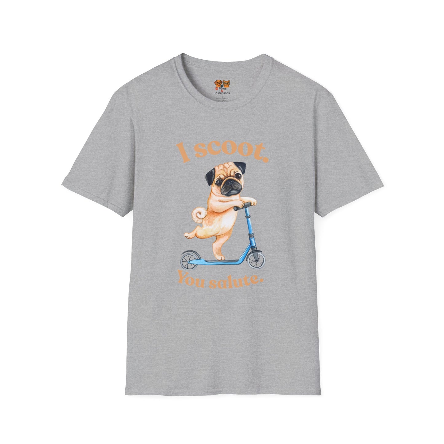 Pug on Scooter T-Shirt – "I scoot. You salute." Cute Pug Graphic Tee