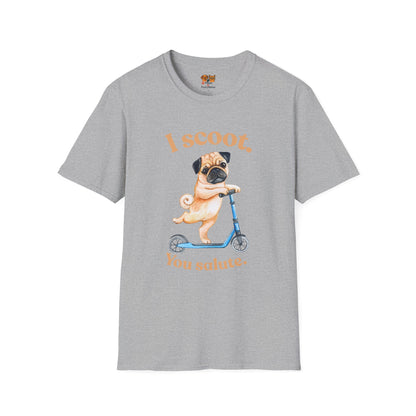 Pug on Scooter T-Shirt – "I scoot. You salute." Cute Pug Graphic Tee