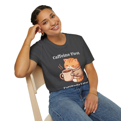 Caffeine First Cattitude Later, Cat Coffee T-Shirt