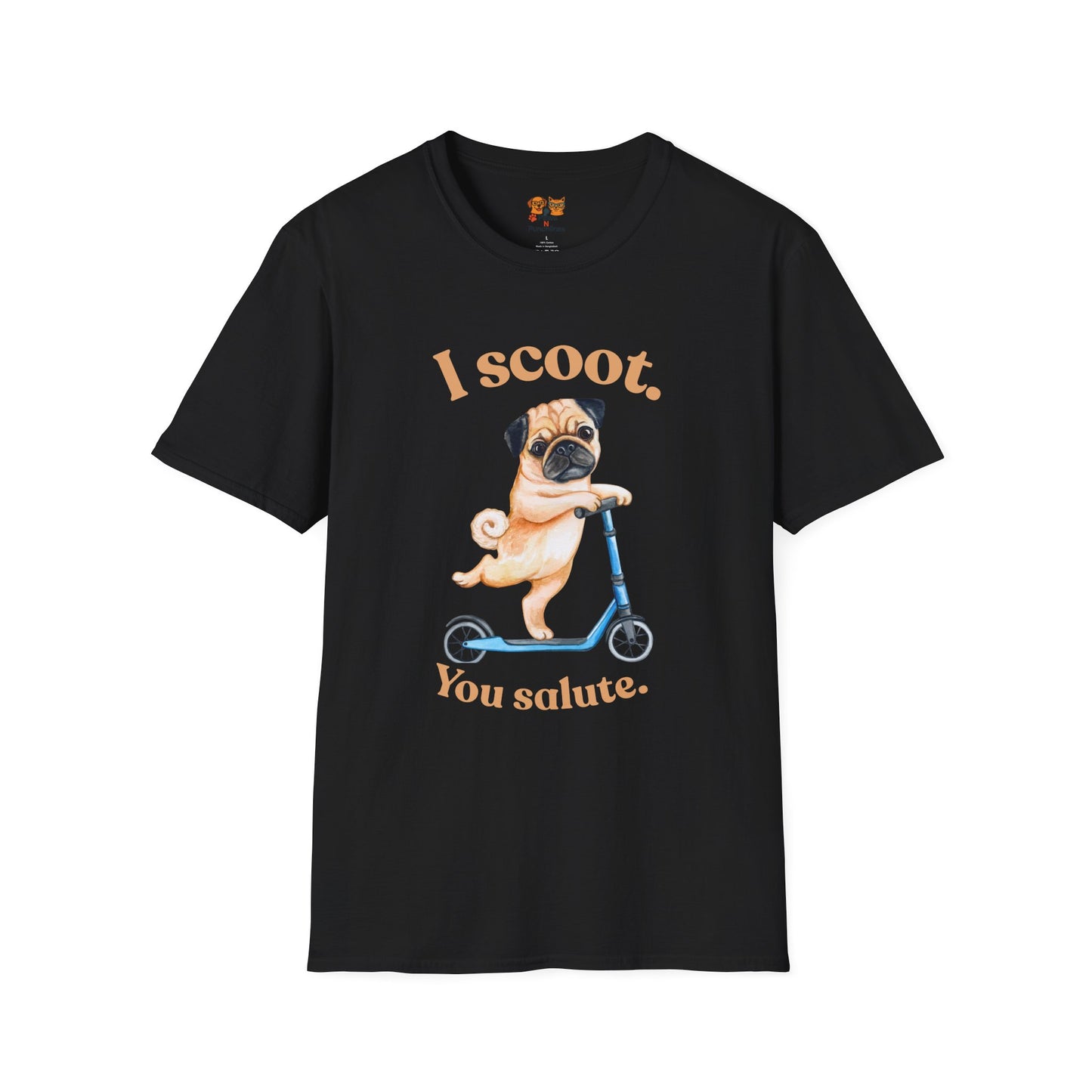 Pug on Scooter T-Shirt – "I scoot. You salute." Cute Pug Graphic Tee