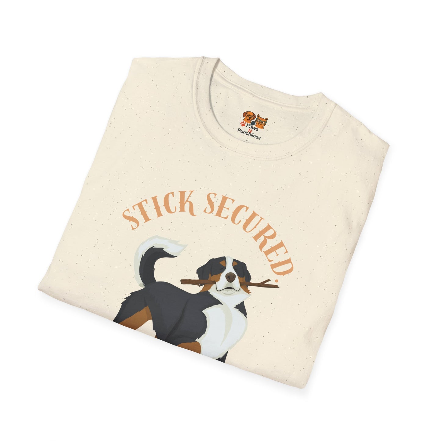 Stick Secured Dog T-Shirt — "Mission Accomplished" Graphic Tee