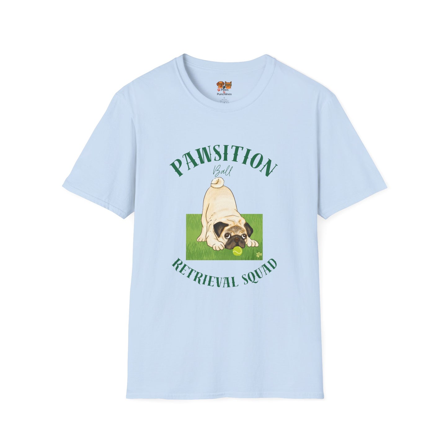 Pawsition Retrieval Squad T-Shirt — Cute Pug Dog Graphic Tee