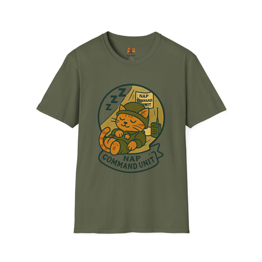 Nap Command Unit T-Shirt — Cute Sleeping Cat Military Patch Tee