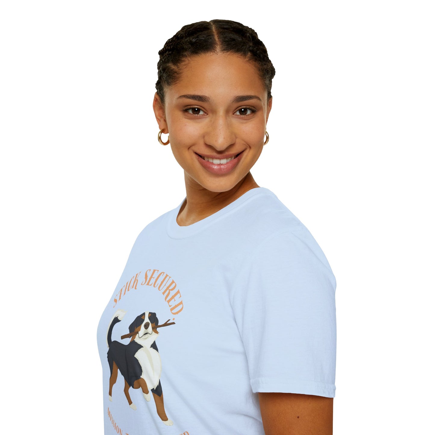 Stick Secured Dog T-Shirt — "Mission Accomplished" Graphic Tee