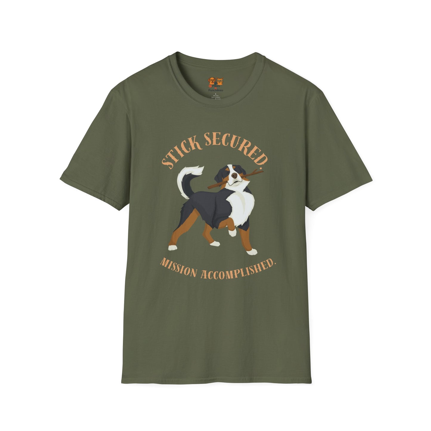 Stick Secured Dog T-Shirt — "Mission Accomplished" Graphic Tee