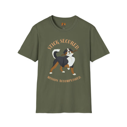 Stick Secured Dog T-Shirt — "Mission Accomplished" Graphic Tee