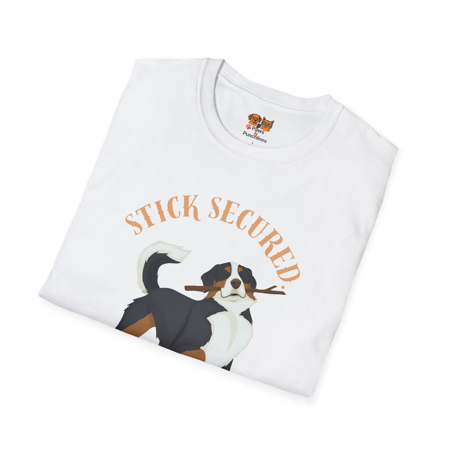 Stick Secured Dog T-Shirt — "Mission Accomplished" Graphic Tee