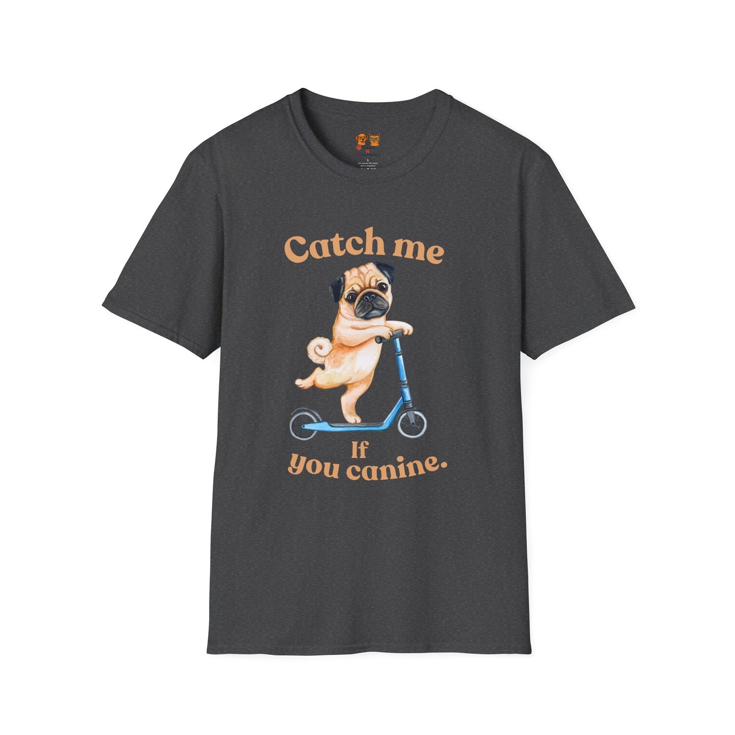 Pug on Scooter T-Shirt — "Catch Me If You Canine" Cute Dog Graphic Tee
