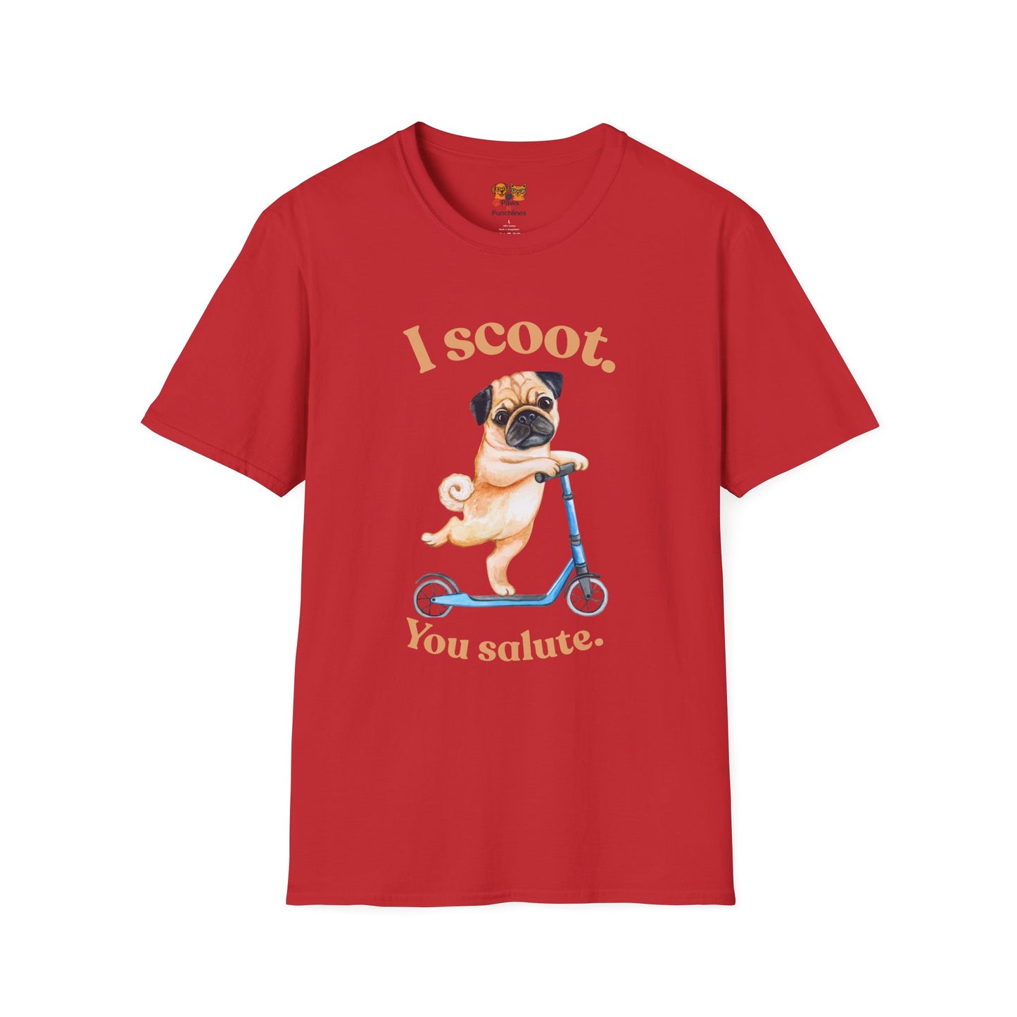 Pug on Scooter T-Shirt – "I scoot. You salute." Cute Pug Graphic Tee