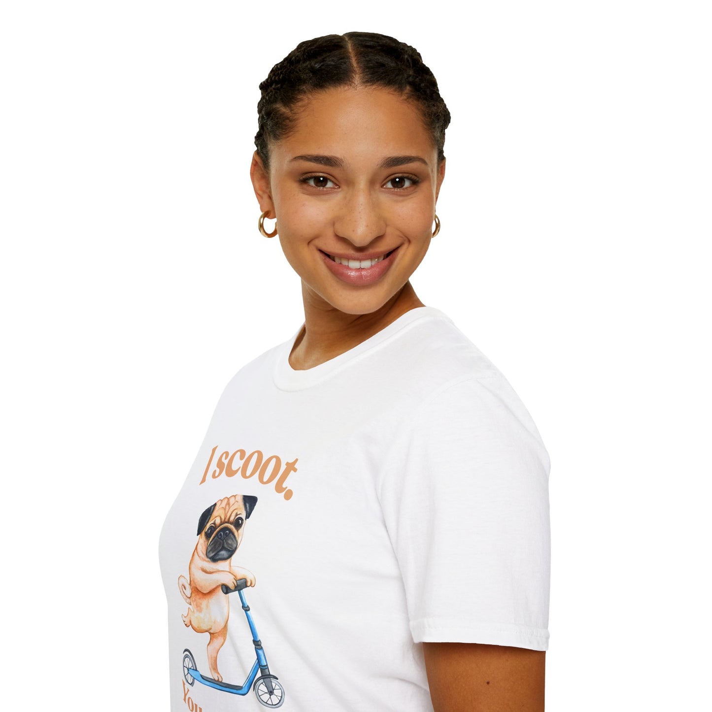 Pug on Scooter T-Shirt – "I scoot. You salute." Cute Pug Graphic Tee