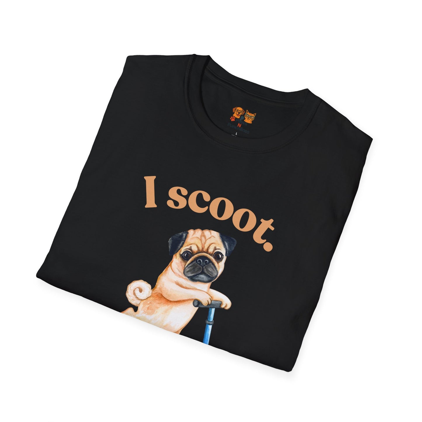 Pug on Scooter T-Shirt – "I scoot. You salute." Cute Pug Graphic Tee