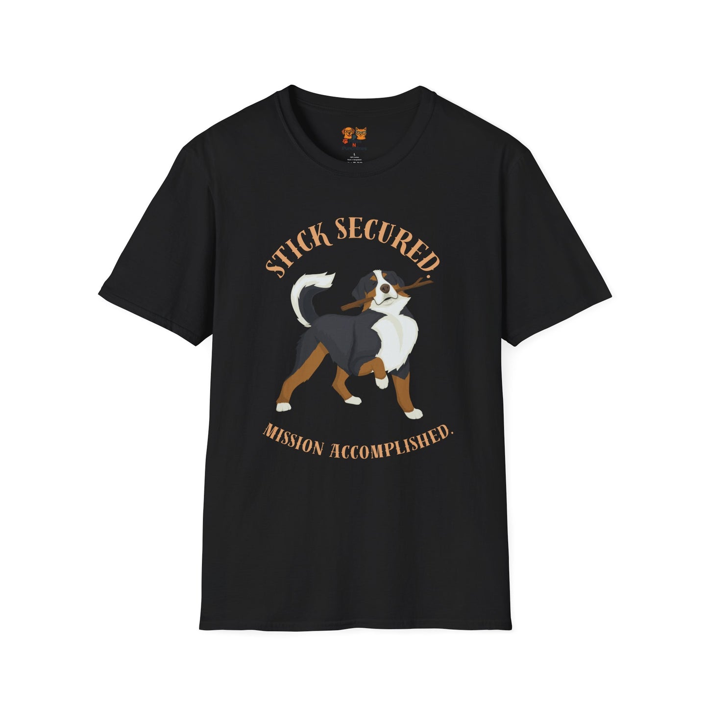 Stick Secured Dog T-Shirt — "Mission Accomplished" Graphic Tee