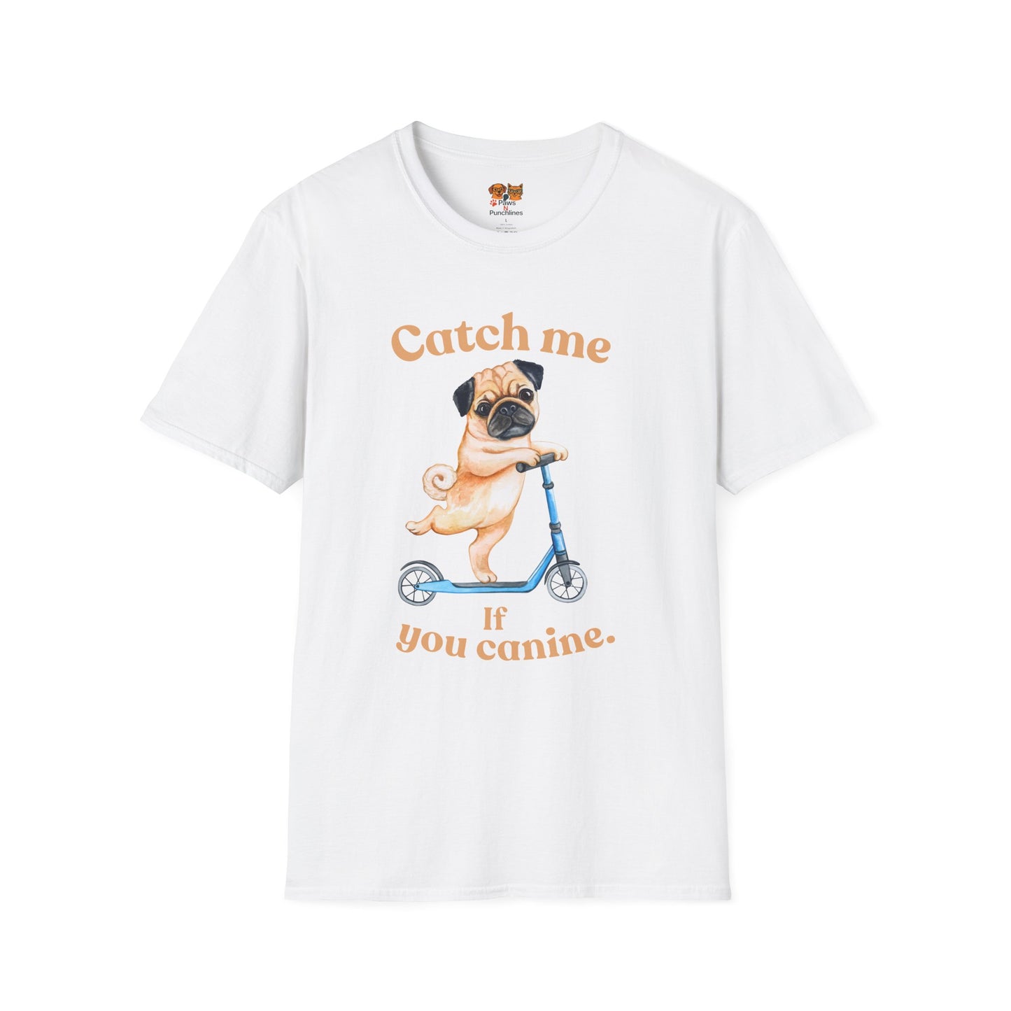 Pug on Scooter T-Shirt — "Catch Me If You Canine" Cute Dog Graphic Tee