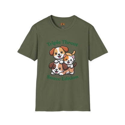 Triple Threat Snacc Edition T-Shirt – Cute Puppy & Kitten Stack Graphic Shirt