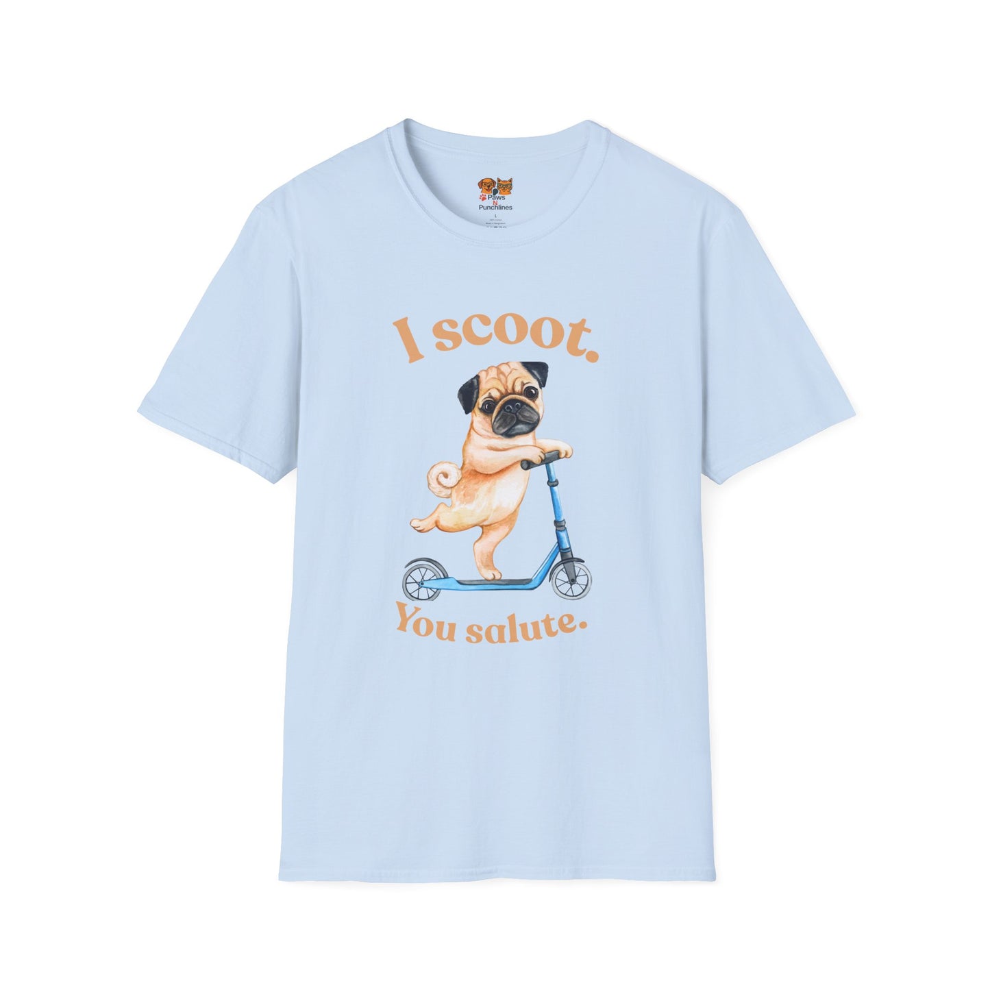 Pug on Scooter T-Shirt – "I scoot. You salute." Cute Pug Graphic Tee