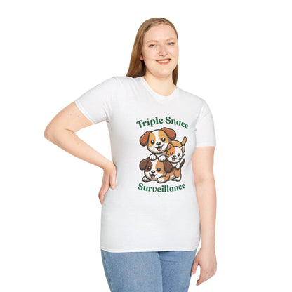 Triple Snacc Surveillance T-Shirt — Cute Stacked Puppies Graphic Tee