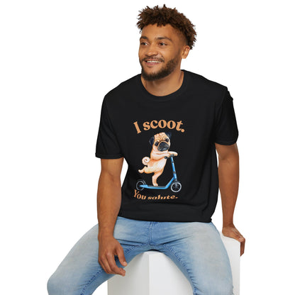 Pug on Scooter T-Shirt – "I scoot. You salute." Cute Pug Graphic Tee