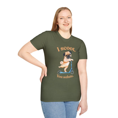 Pug on Scooter T-Shirt – "I scoot. You salute." Cute Pug Graphic Tee