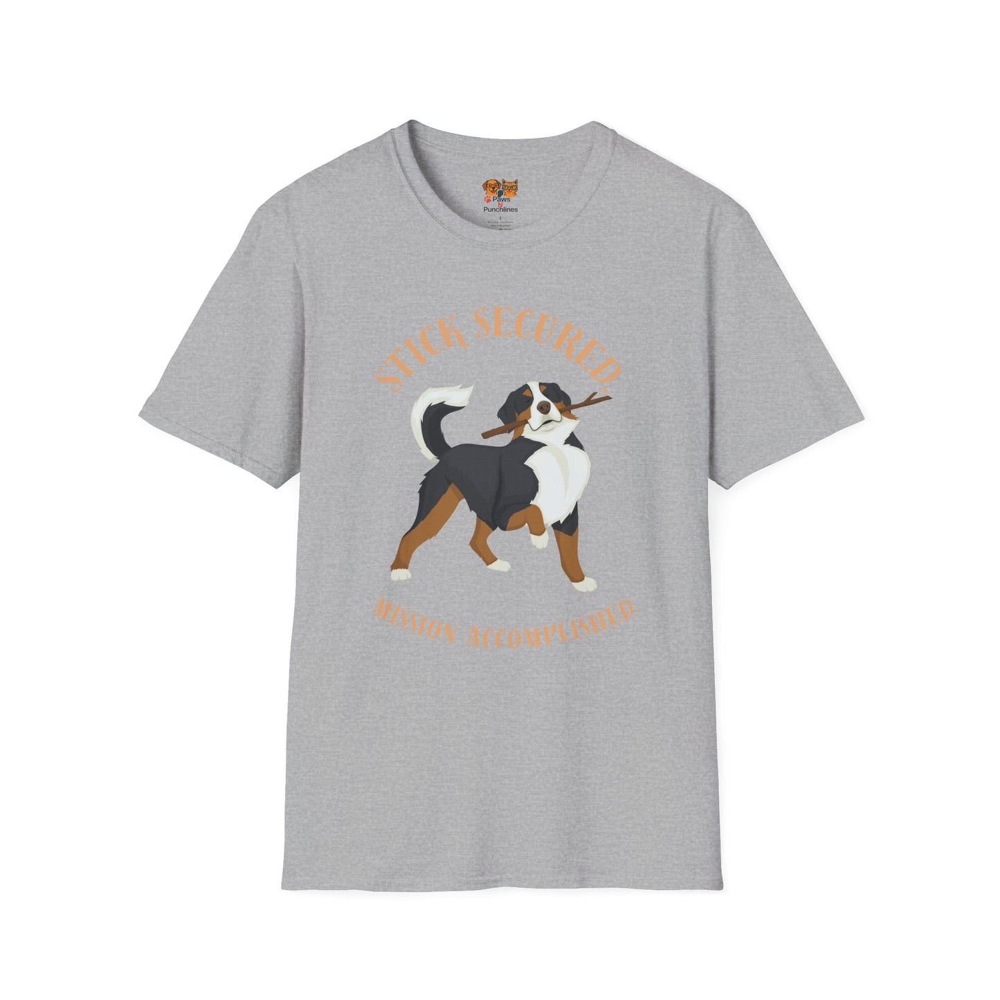 Stick Secured Dog T-Shirt — "Mission Accomplished" Graphic Tee