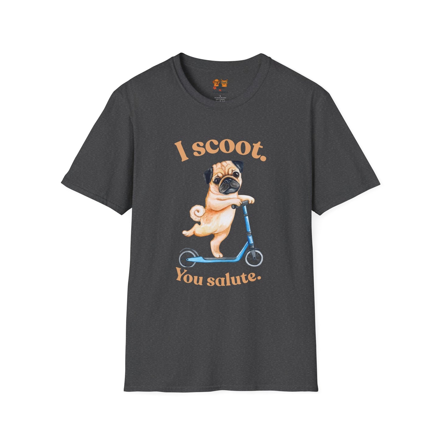Pug on Scooter T-Shirt – "I scoot. You salute." Cute Pug Graphic Tee