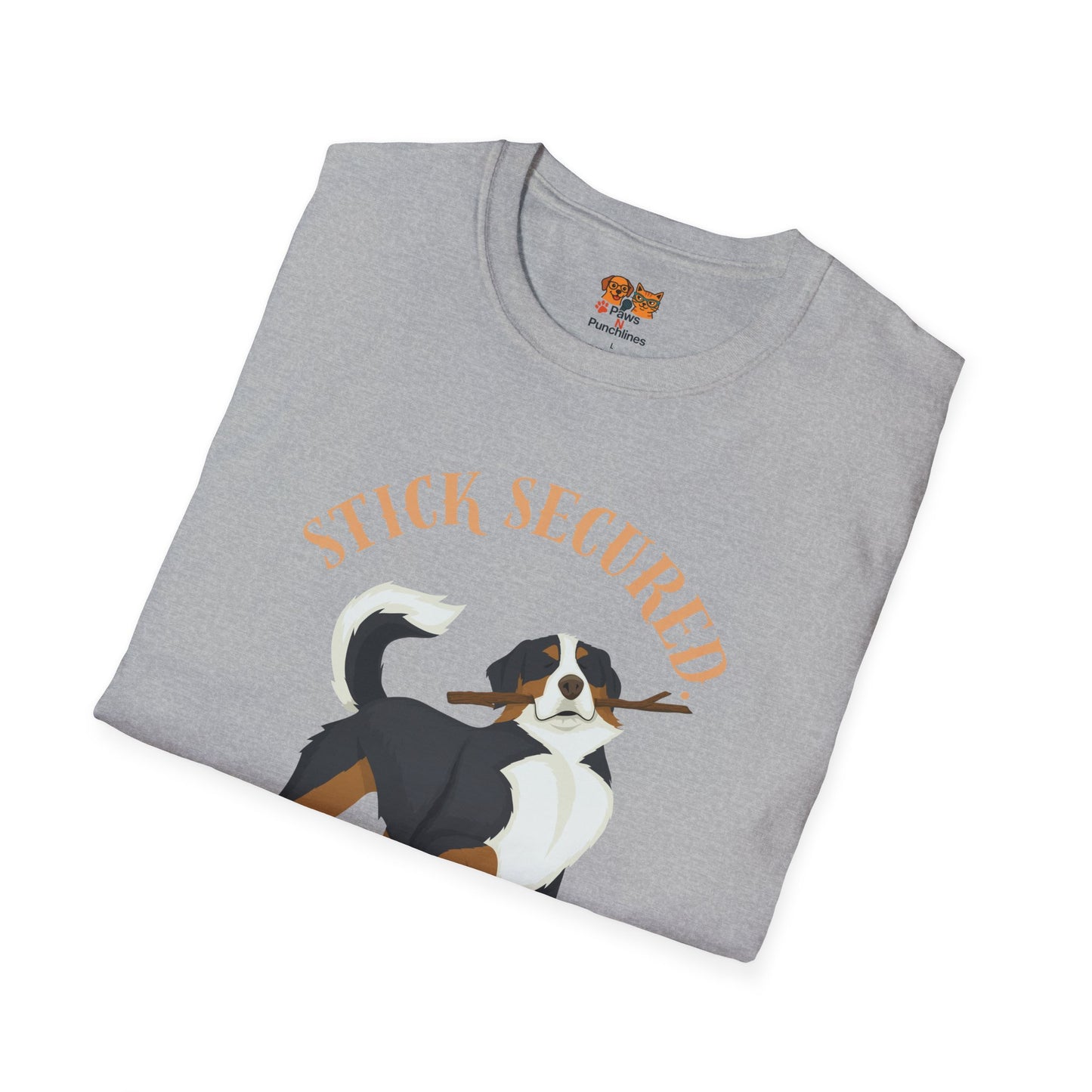 Stick Secured Dog T-Shirt — "Mission Accomplished" Graphic Tee