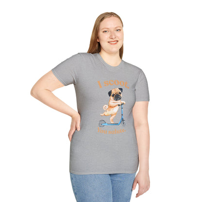 Pug on Scooter T-Shirt – "I scoot. You salute." Cute Pug Graphic Tee
