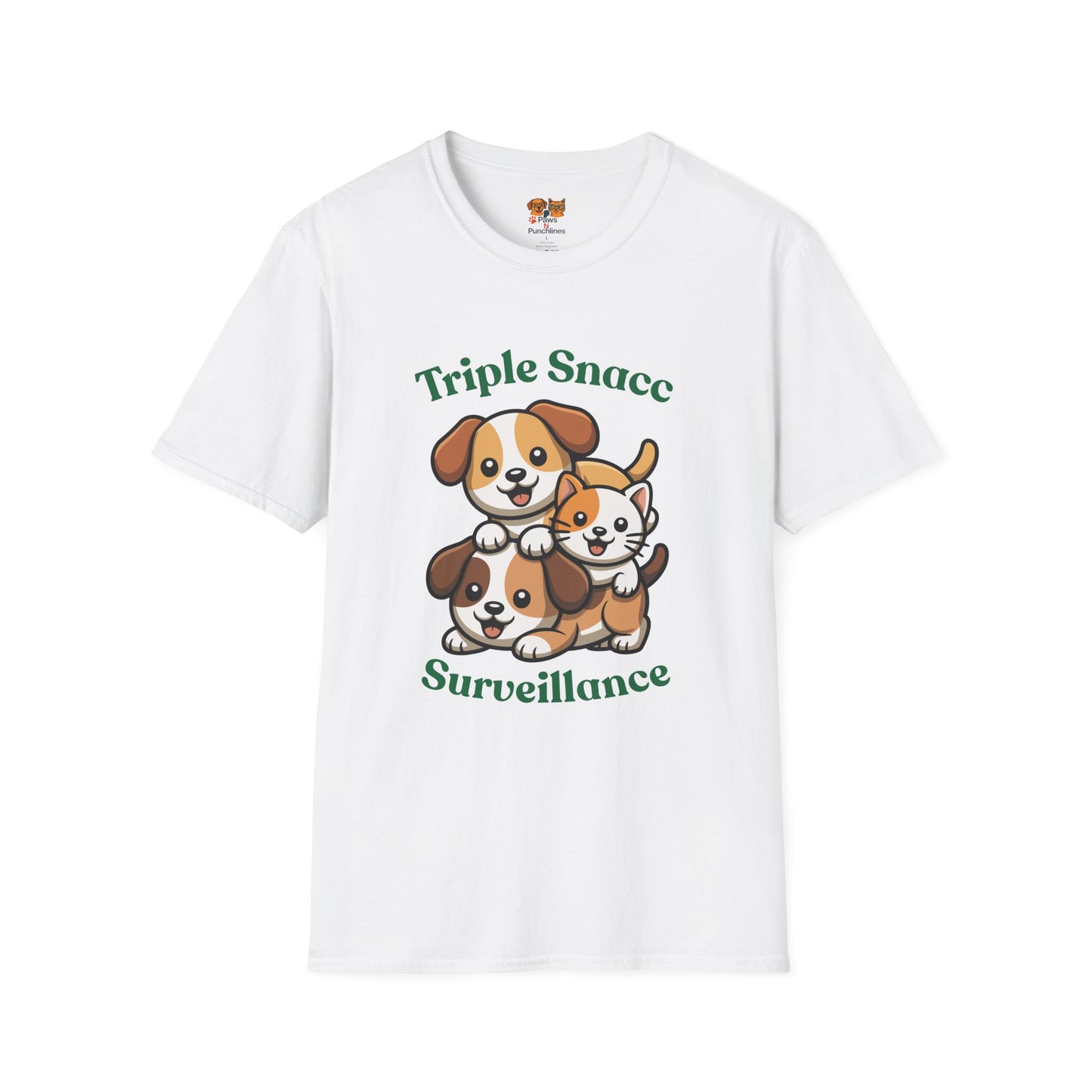 Triple Snacc Surveillance T-Shirt — Cute Stacked Puppies Graphic Tee