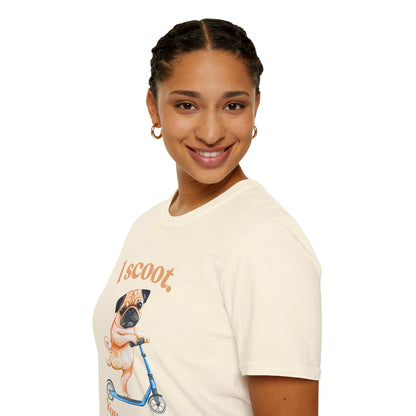 Pug on Scooter T-Shirt – "I scoot. You salute." Cute Pug Graphic Tee