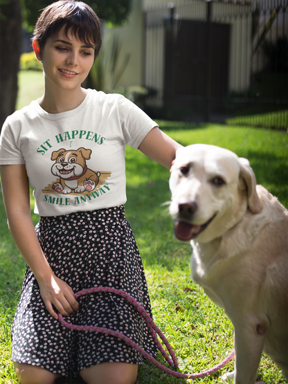 “Sit Happens, Smile Anyway” — Funny Bulldog Graphic Tee