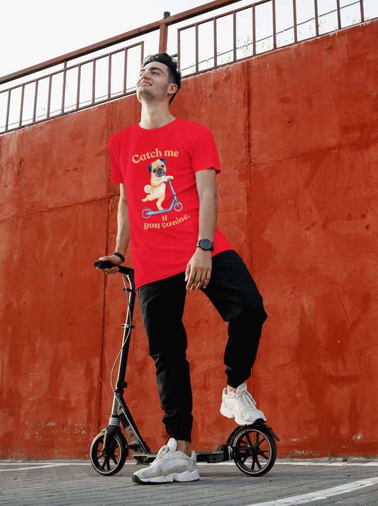 Pug on Scooter T-Shirt — "Catch Me If You Canine" Cute Dog Graphic Tee